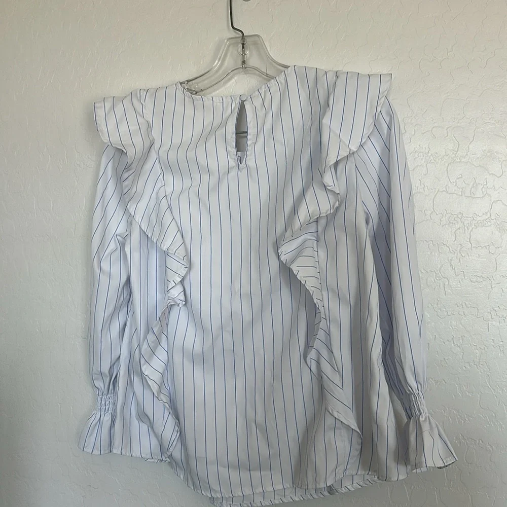 NWT sweet wanderer blouse white blue pin stripe puff preppy Large ruffle indie - Picture 5 of 7